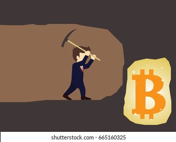 Businessman dig the earth in search of bitcoin. Vector illustration.