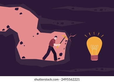 Geschäftsleute graben Erde auf der Suche nach Ideen. Geschäftsmann entdecken Glühbirne in Höhle, symbolisiert Brainstorming, Innovationen, Ambitionen. Kreativität, Ideen entwickeln. flache Vektorgrafik