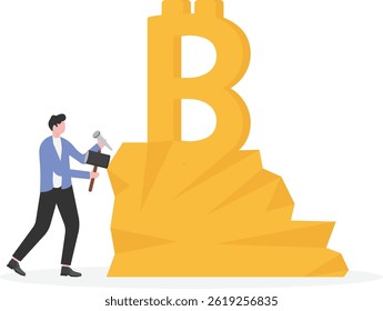 Businessman digging bitcoin in the rock. Digital Currency Mining and Cryptocurrency concept.

