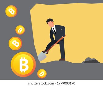 Businessman Digging Bitcoin with shovel. destination, victory to success concept