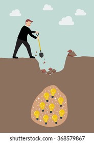 Businessman digging a ground to find an idea. Business concept