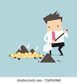 Businessman digging a ground to find treasure coin. vector