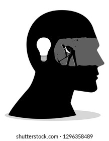 Businessman digging and mining to find bulb light, looking for ideas, solution or innovation concept