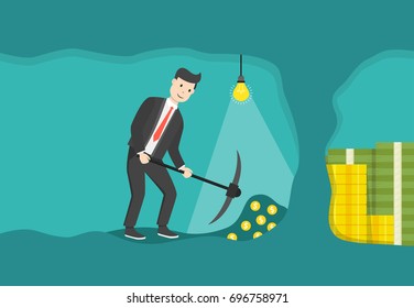 Businessman digging and mining to find treasure. Business concept. Flat cartoon style. Vector illustration.