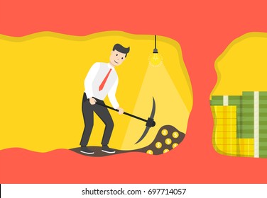 Businessman digging and mining to find treasure. Business concept. Flat cartoon style. Vector illustration.