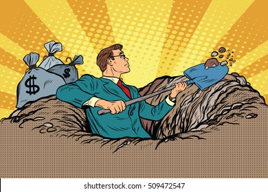 Businessman digging, money and treasure, pop art retro vector
