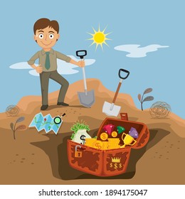  Businessman digging up treasure, illustration vector cartoon
