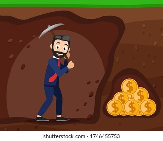 Businessman digging a tunnel to the money. Motivation, goal achievement