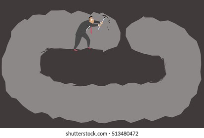 Businessman digging a tunnel that ends at it's beginning as a metaphor for a poor planning, EPS 8 vector illustration