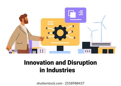 Businessman with digital gear screen technology innovation wind turbines industrial buildings modern layout