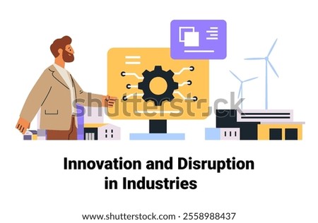 Businessman with digital gear screen technology innovation wind turbines industrial buildings modern layout