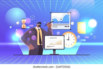 businessman in digital VR glasses analyzing statistics data exploring virtual reality vision headset innovation metaverse