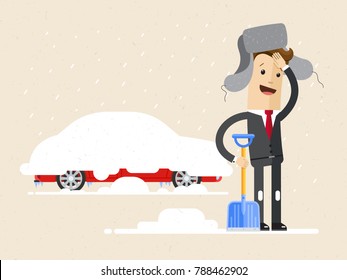Businessman digs car out of snow. Winter. Vector, illustration, flat