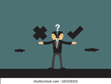 Businessman In Dilemma Choosing Between Right And Wrong Path. Metaphor Vector Illustration For Business Ethics In Cartoon Style.