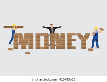 Businessman directing construction workers to build text Money. Vector Illustration on wealth building concept isolated on plain background.