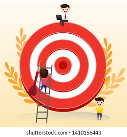 Businessman directs the arrow to the target. Aim in business concept. Businessmen working and woman at big target with arrow. Goals and objectives, business grow and plan. vector, illustration.
