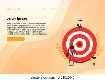 Businessman directs the arrow to the target. Aim in business concept. Businessmen working and woman at big target with arrow. Goals and objectives, business grow and plan. vector, illustration.
