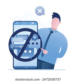 Businessman disabled notifications on smartphone, silence mode, information detox, person without social networks and chats. Privacy, do not disturb, concept. Prohibition circle on screen. Flat vector