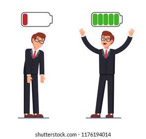 Businessman discharged and charged with energy throughout the day. Decoration for greeting cards, posters, patches, prints for clothes, emblems. Modern flat style illustration.