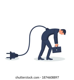 The businessman is disconnected from the network. No energy and no charge. Tired businessman. Overworked human. Vector illustration flat design. Isolated on background. Fatigue from the job.




