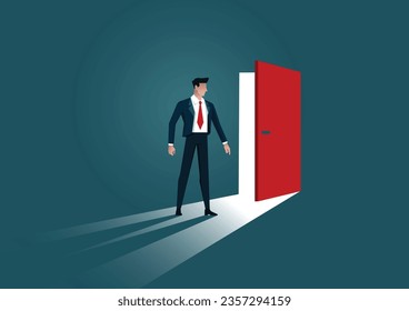 Businessman discover or found secrets, Opening red door concept. Searching, Looking success opportunities. Symbol new career. vector illustrator.