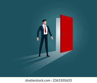 Businessman discover or found secrets. Opening red door. Searching business opportunity, business success. Blue background flat vector illustrator.