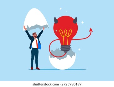 Empresario descubre huevo para incubar con bombilla del diablo. Las malas ideas causan problemas y fracasos. Ilustración vectorial plana.