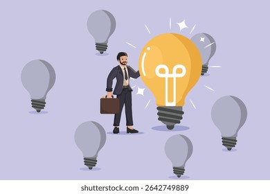 Businessman Discovering a Brilliant Idea: Standing Confidently Beside a Brightly Lit Light Bulb Among Numerous Unlit Ones, Symbolizing Finding the Right Solution or Breakthrough.