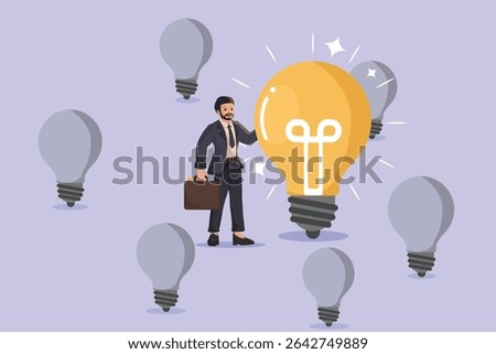Businessman Discovering a Brilliant Idea: Standing Confidently Beside a Brightly Lit Light Bulb Among Numerous Unlit Ones, Symbolizing Finding the Right Solution or Breakthrough.