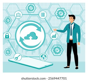 Businessman discuss cloud computing, data sharing, technology integration, and business solutions, represented with digital tools for modern enterprise innovation. Flat vector modern illustration 