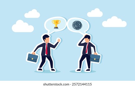 Businessman discuss a trophy while another businessman looks confused by the explanation, illustration of struggling to understand a discussion on become a leading company