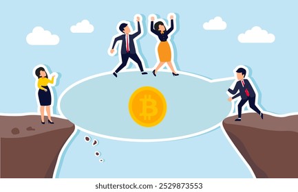 A businessman discussing Bitcoin on the edge of a cliff while another businessman climbs his dialogue box, illustrating survival from bankruptcy through diversification into Bitcoin