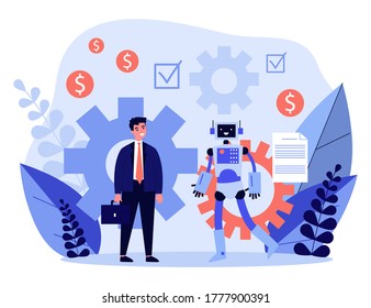Businessman discussing contract with robot. Bot, ai, partnership flat vector illustration. Robotics, artificial intelligence, business concept for banner, website design or landing web page