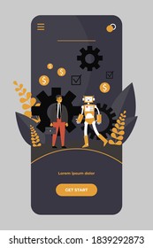 Businessman discussing contract with robot. Bot, ai, partnership flat vector illustration. Robotics, artificial intelligence, business concept for banner, website design or landing web page