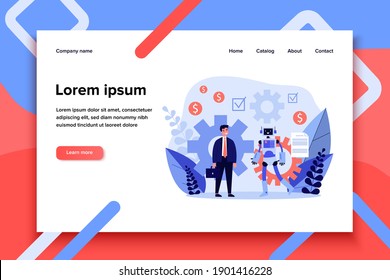 Geschäftsmann diskutiert Vertrag mit Roboter. Bot, ai, Partnership flach Vektorgrafik. Robotik, künstliche Intelligenz, Geschäftskonzept für Banner, Website-Design oder Landing-Webseite