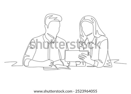 Businessman discussing with his client. Discussion with clients concept one-line drawing