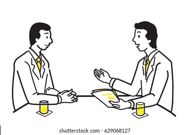 Businessman Discussing, Presenting, Training, Or Explaining To His Partner, Team, Workmate, Or Customer, At Meeting Table. Line And Outline Drawing Design, Simple Style.