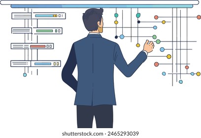  A businessman discussing a project timeline with a team, business planning, professional project management, corporate scheduling, one continues line art vector illustration