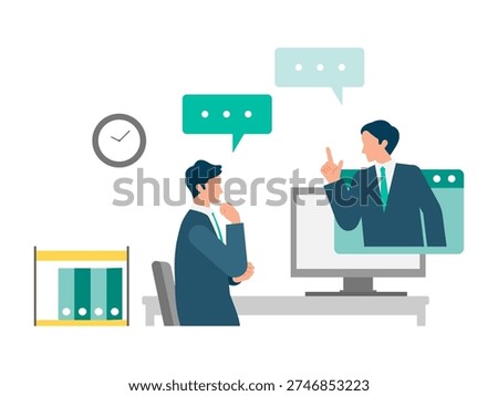 Businessman discussing and solving problems with a colleague via video call on desktop screen. Vector illustration for hybrid work, DX and business communication