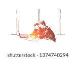 Businessman discussing work with project manager, men in suits planning corporate strategy, office meeting. Company communication, business dialogue concept sketch. Hand drawn vector illustration