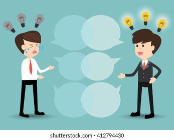 businessman discussion, recommend idea with disappoint man with speech bubble, concept teamwork