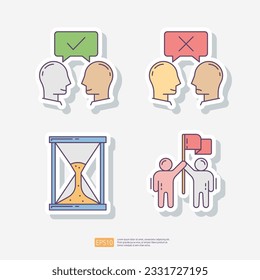 businessman discussion, rejection business idea, timer hourglass, business partner and teamwork. sticker icon set. Team work vector illustration