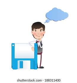 Businessman with diskette over white background. Vector design. 