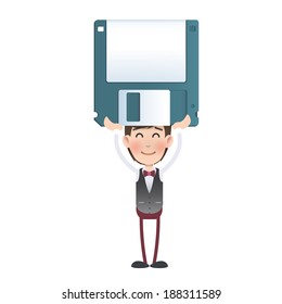 Businessman with diskette over white background. Vector design. 