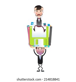Businessman with diskette over white background. Vector design. 