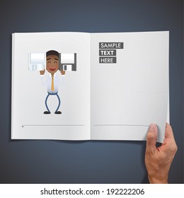 businessman with diskette printed on book. Vector design