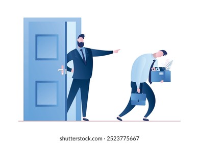 Hombre de negocios despedido trabajador. Jefe despide a un empleado. Personajes de personas de negocios en estilo de moda aislados sobre fondo blanco. Crisis y recesión, desempleo. Ilustración vectorial plana