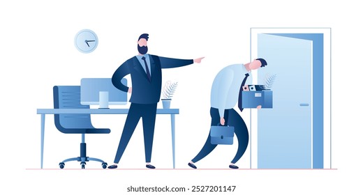 Empresario despedido trabajador. Jefe despide a un empleado. Personajes de gente de negocios en estilo de moda. Aislado sobre fondo blanco. Ilustración vectorial plana