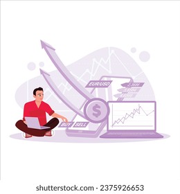 The businessman is displaying a growth chart of foreign currency exchange through his laptop and mobile phone online. Marketing Digital Technologies concept. Trend Modern vector flat illustration