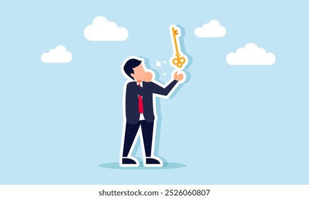 A businessman is displaying a shiny key, illustrating the provision of solutions to the challenges faced by the company.